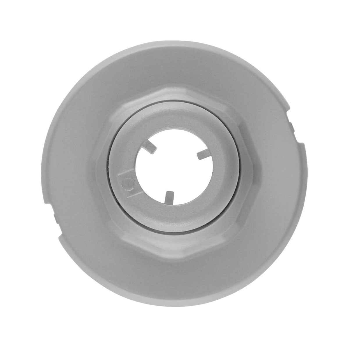 Un pezzo di plastica circolare grigio con apertura centrale e tacche.