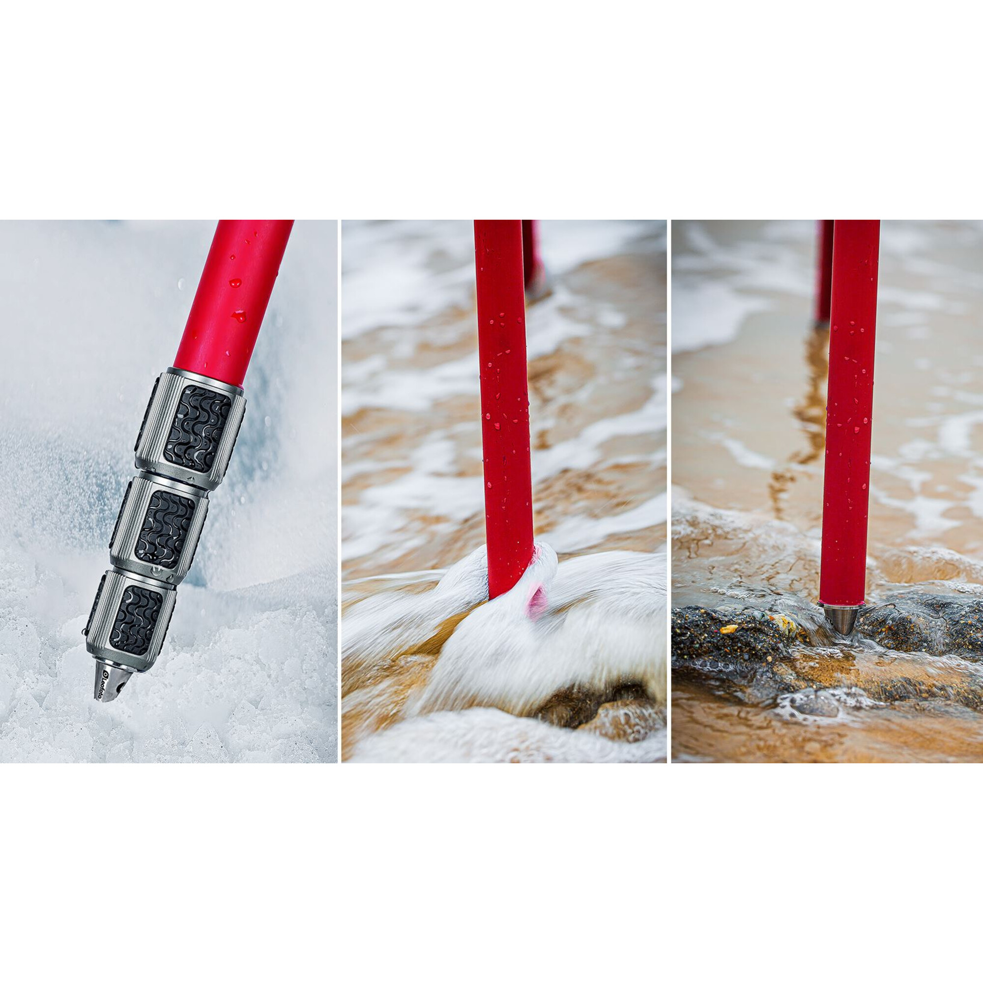 Roter Stab mit strukturierter Grifffläche in Schnee, Wasser und auf Felsen.