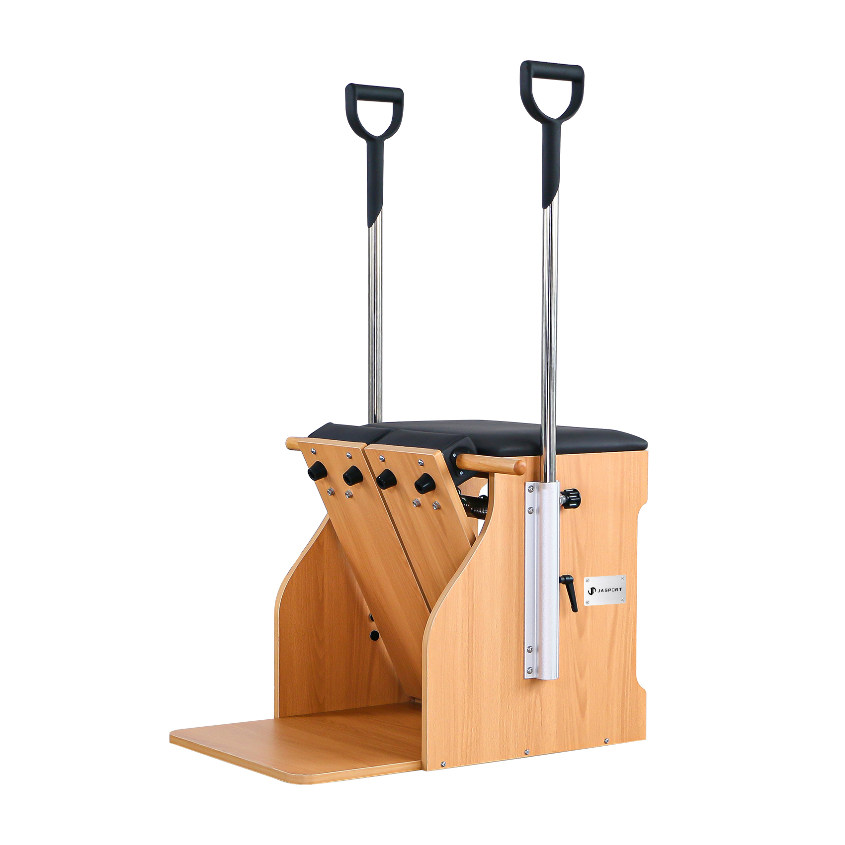 Una sedia Pilates in legno con sedile nero e due maniglie a forma di D su pali metallici.