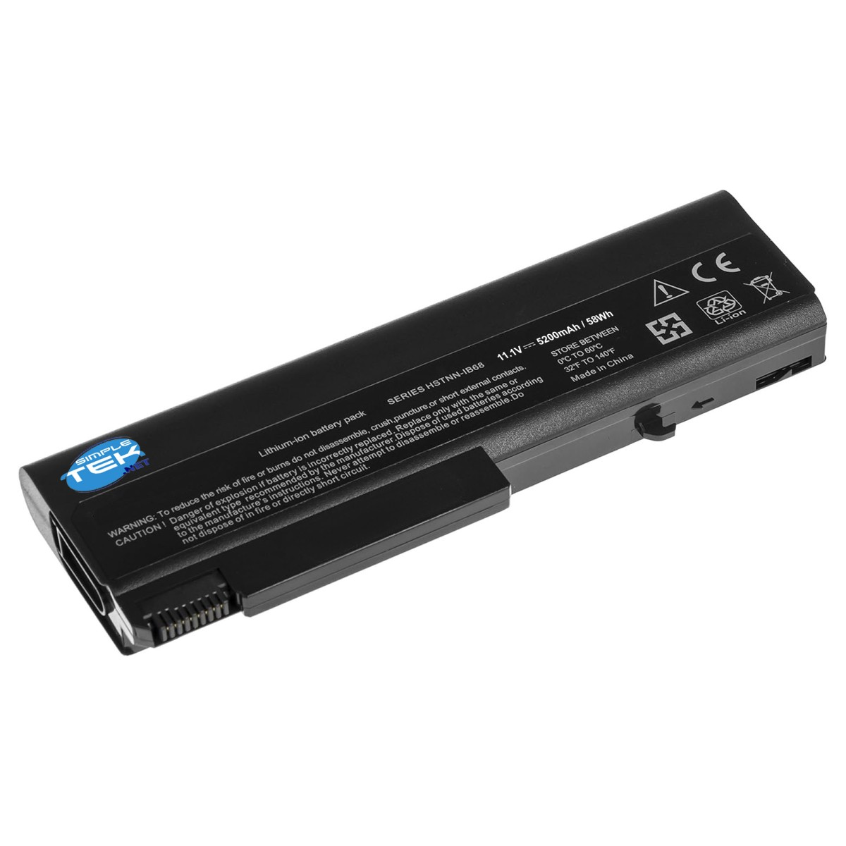 Batteria per laptop agli ioni di litio nera con etichette di avvertenza e specifiche.