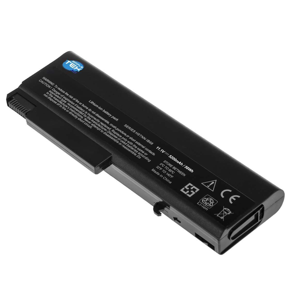 Una batteria nera per laptop agli ioni di litio con etichette di avvertenza e specifiche.