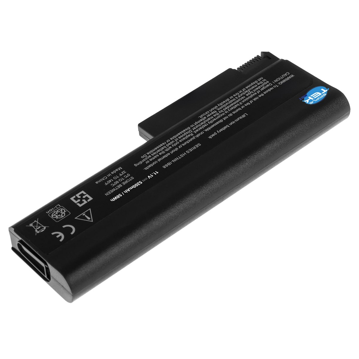 Batteria nera agli ioni di litio con etichette di avvertenza e logo Simple Tek.