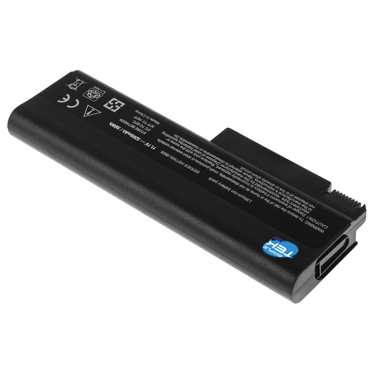Batteria agli ioni di litio nera con etichette di avvertenza e marchio CE.