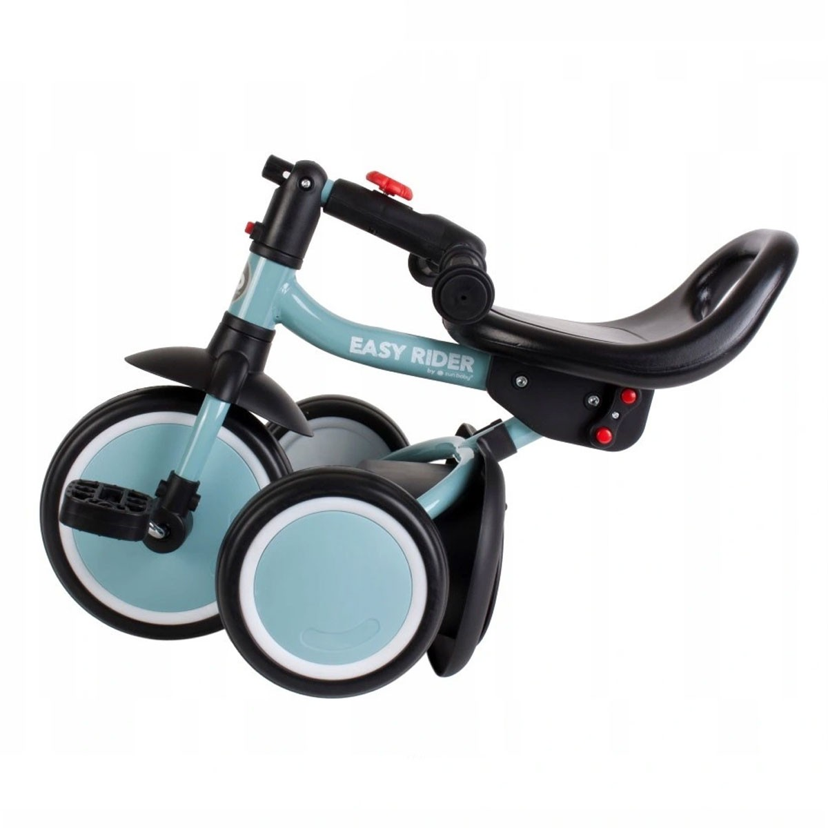 Ein hellblaues und schwarzes Dreirad für Kinder mit "EASY RIDER" Schriftzug.