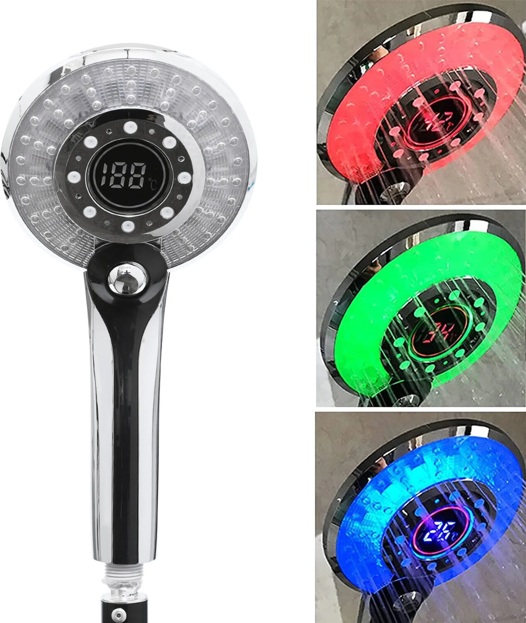 Duschkopf mit LED-Beleuchtung in Rot, Grün und Blau, zeigt Wassertemperatur an.