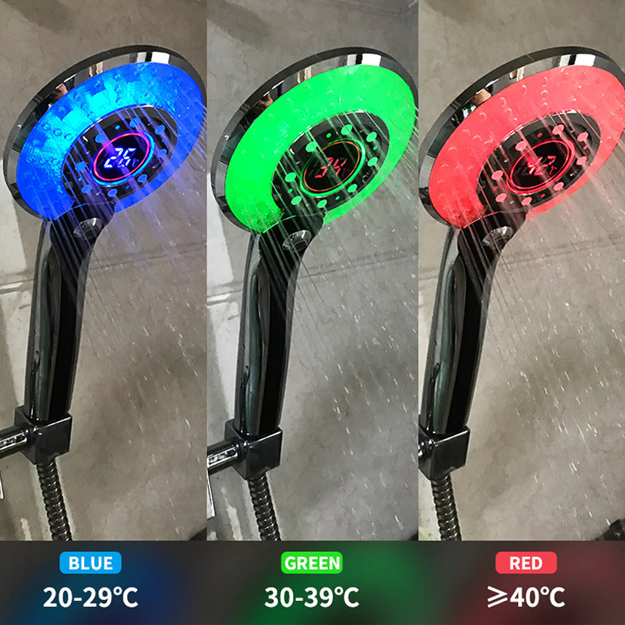 Drei Duschköpfe mit LED-Beleuchtung: blau (20-29C), grün (30-39C), rot (<gt/>40C).