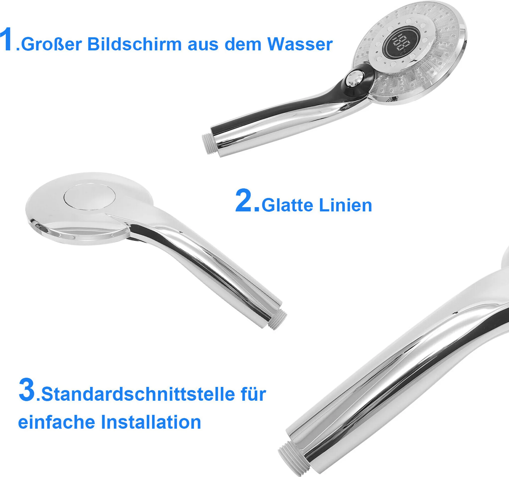 Drei Duschköpfe mit Chromoberfläche und Gewindeanschlüssen.