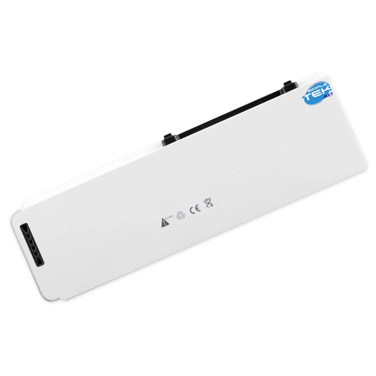 Pacco batteria bianco con connettori neri. Caratteristiche marchi CE e Li-ion.