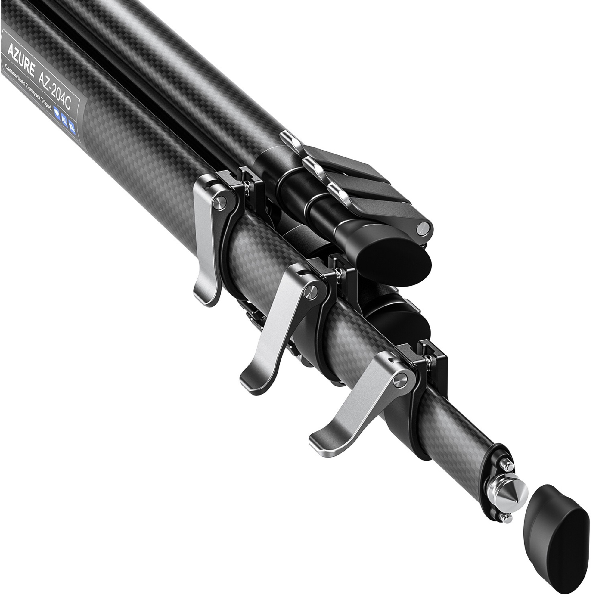 Ein Carbonfaser-Stativ mit silbernen Verschlüssen und dem Schriftzug "AZURE AZ-204C".