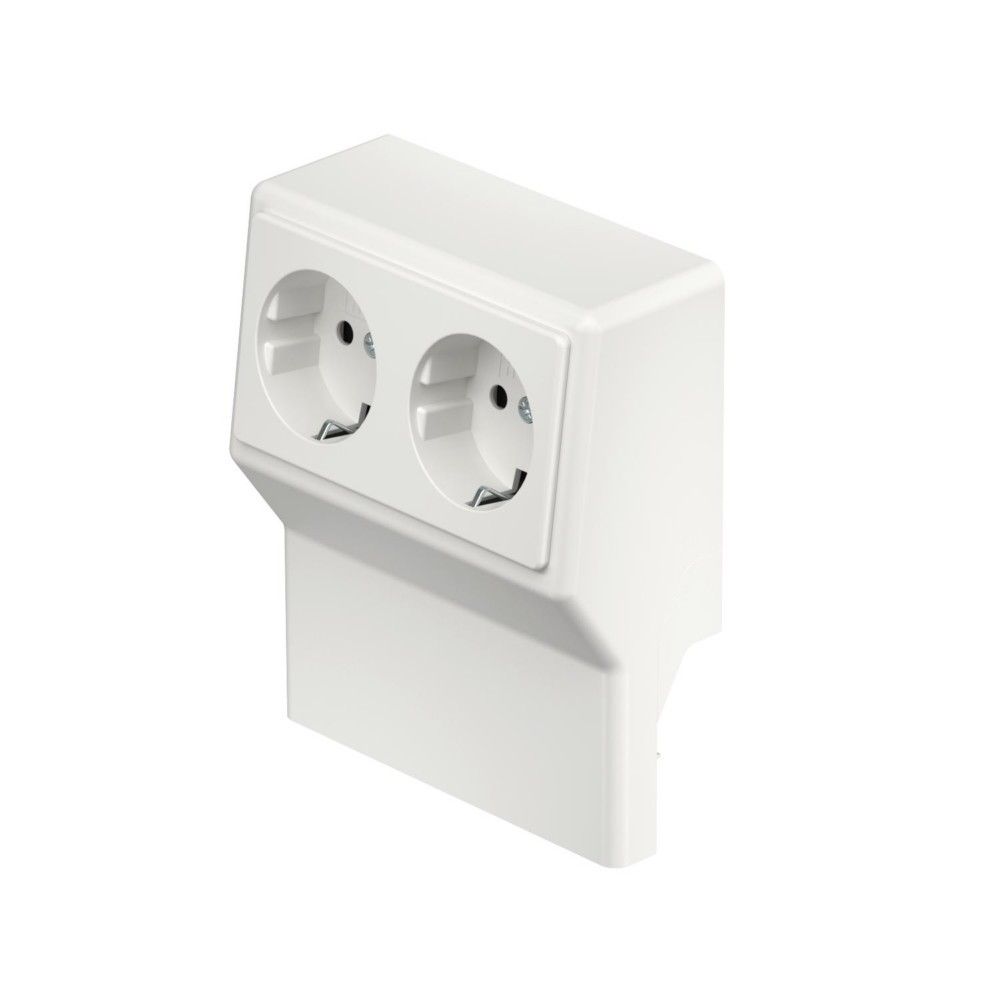 Un adattatore bianco a doppia presa con due prese tipo Euro.