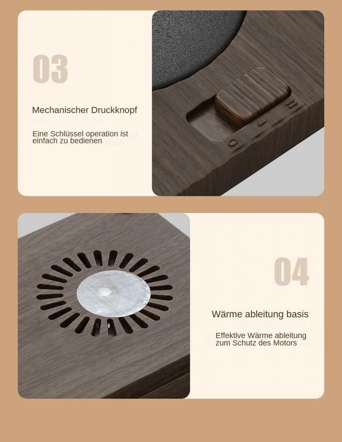 Holzgehäuse mit Tasten (oben) und Lüftungsschlitzen (unten).