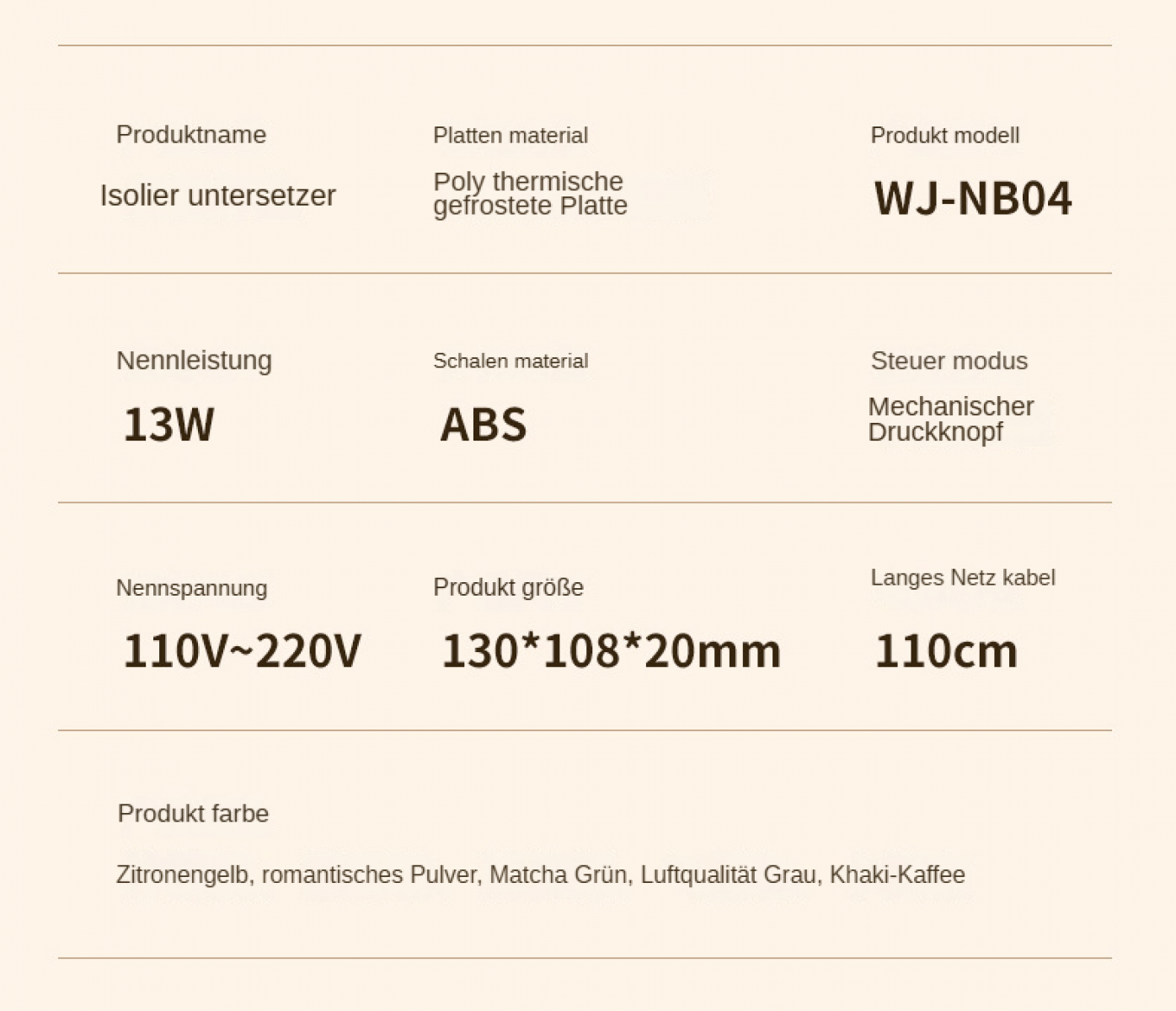 Produktspezifikationen: 13W, ABS, 110-220V, 130x108x20mm, 110cm Kabel. Modell WJ-NB04.