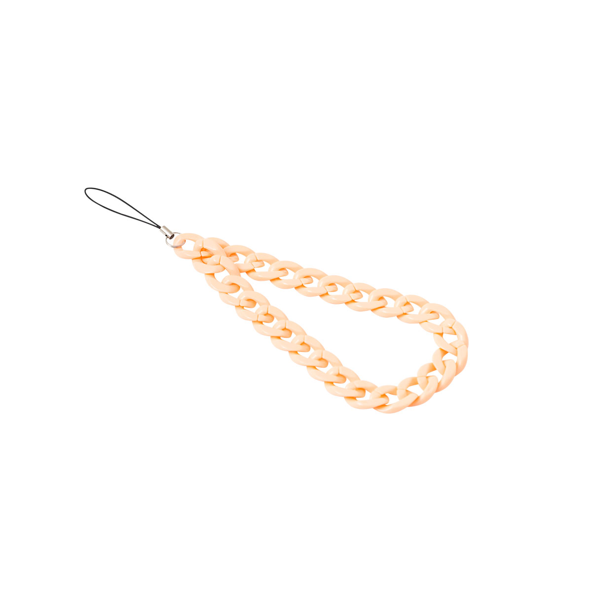 Un braccialetto a maglie grosse color pesca chiaro con un anello attaccato a un anello metallico.