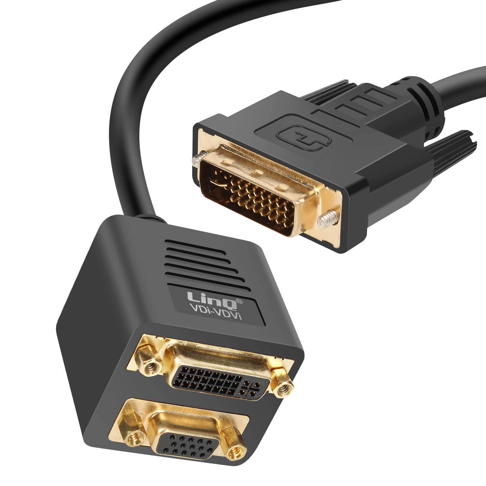 Cavo adattatore DVI-VGA nero con connettori placcati oro su entrambe le estremità.