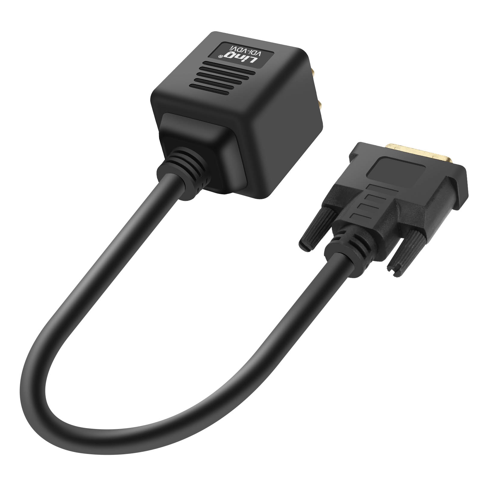 Un adattatore da VGA a DVI nero con cavo su sfondo bianco.