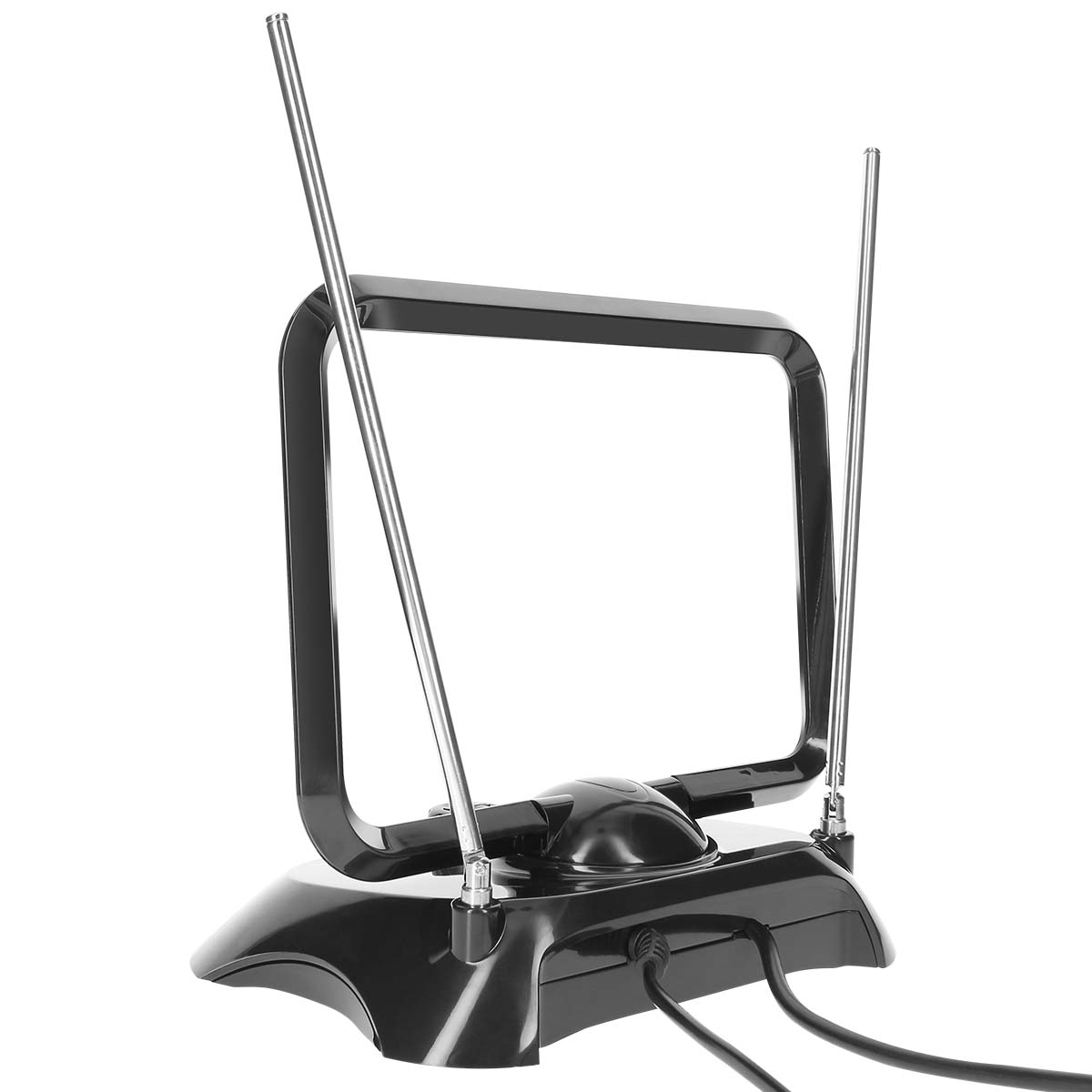 Eine schwarze Indoor-TV-Antenne mit zwei silbernen Teleskopstangen auf weißem Grund.