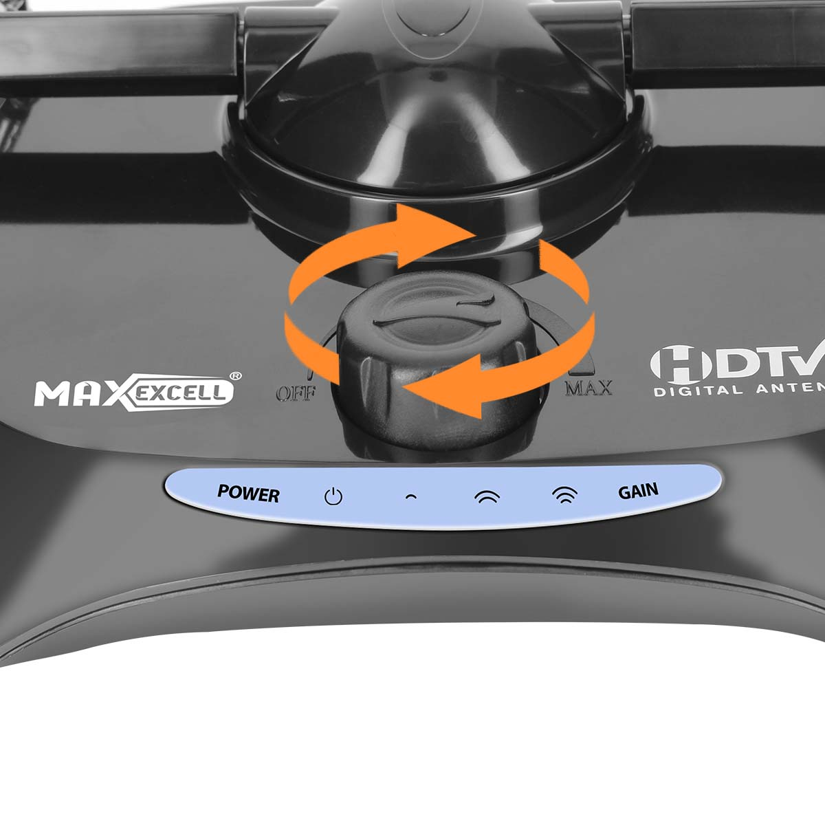 Schwarzes Bedienfeld der HDTV-Digitalantenne mit Strom-, Gain- und Abstimmknöpfen.