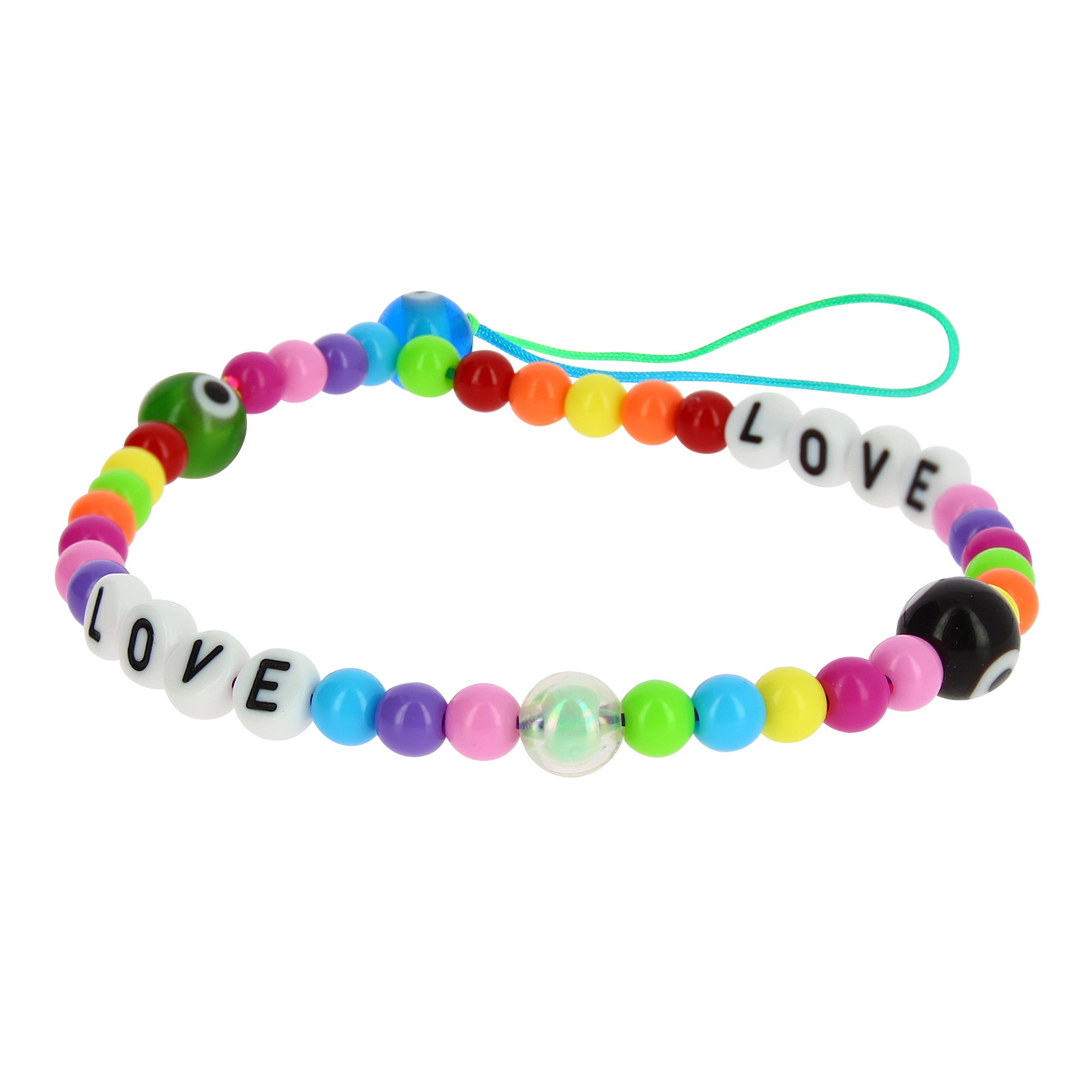 Braccialetto di perline colorate con scritta 'LOVE' e un occhio malvagio.