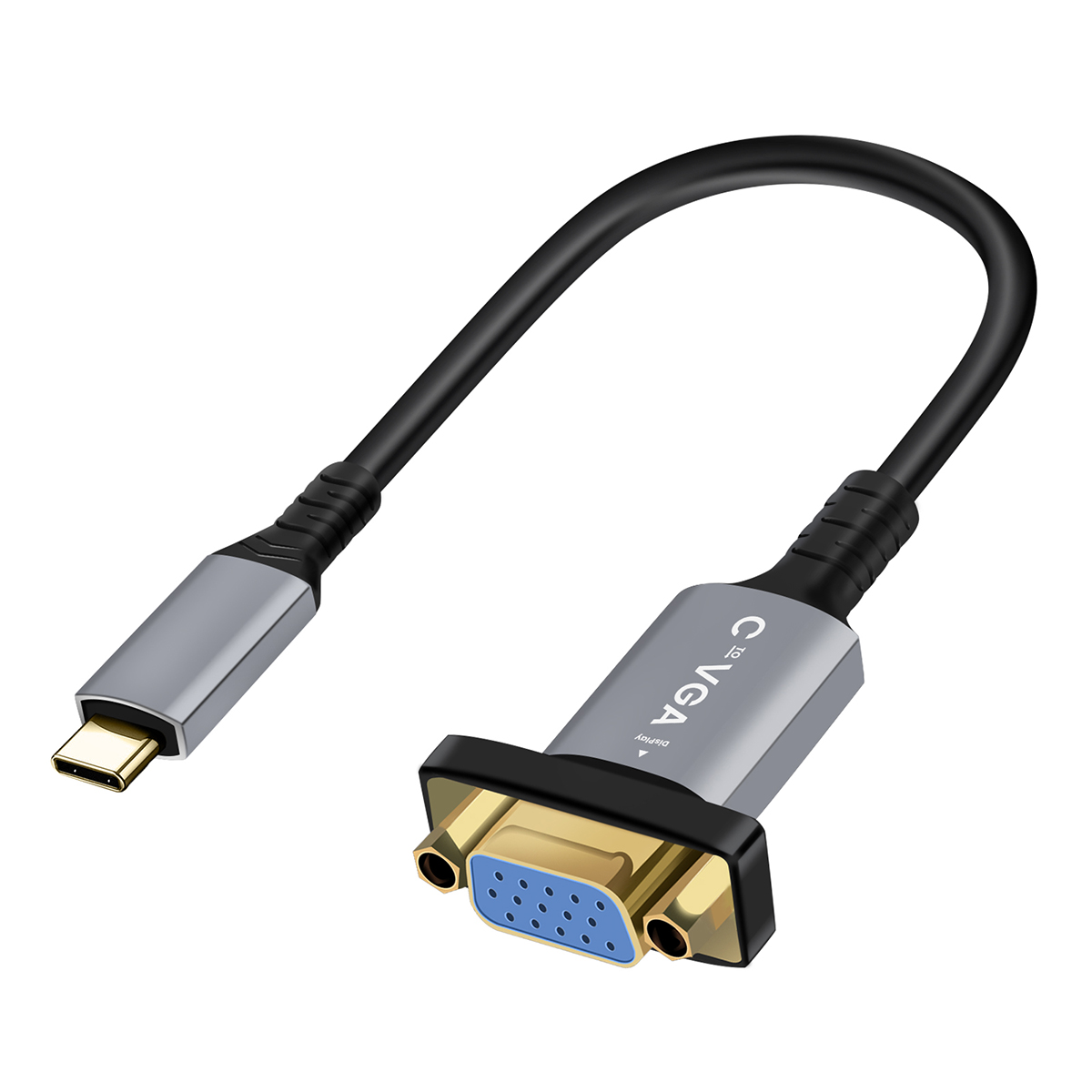 Un cavo adattatore da USB-C a VGA nero con connettori grigi, su sfondo bianco.