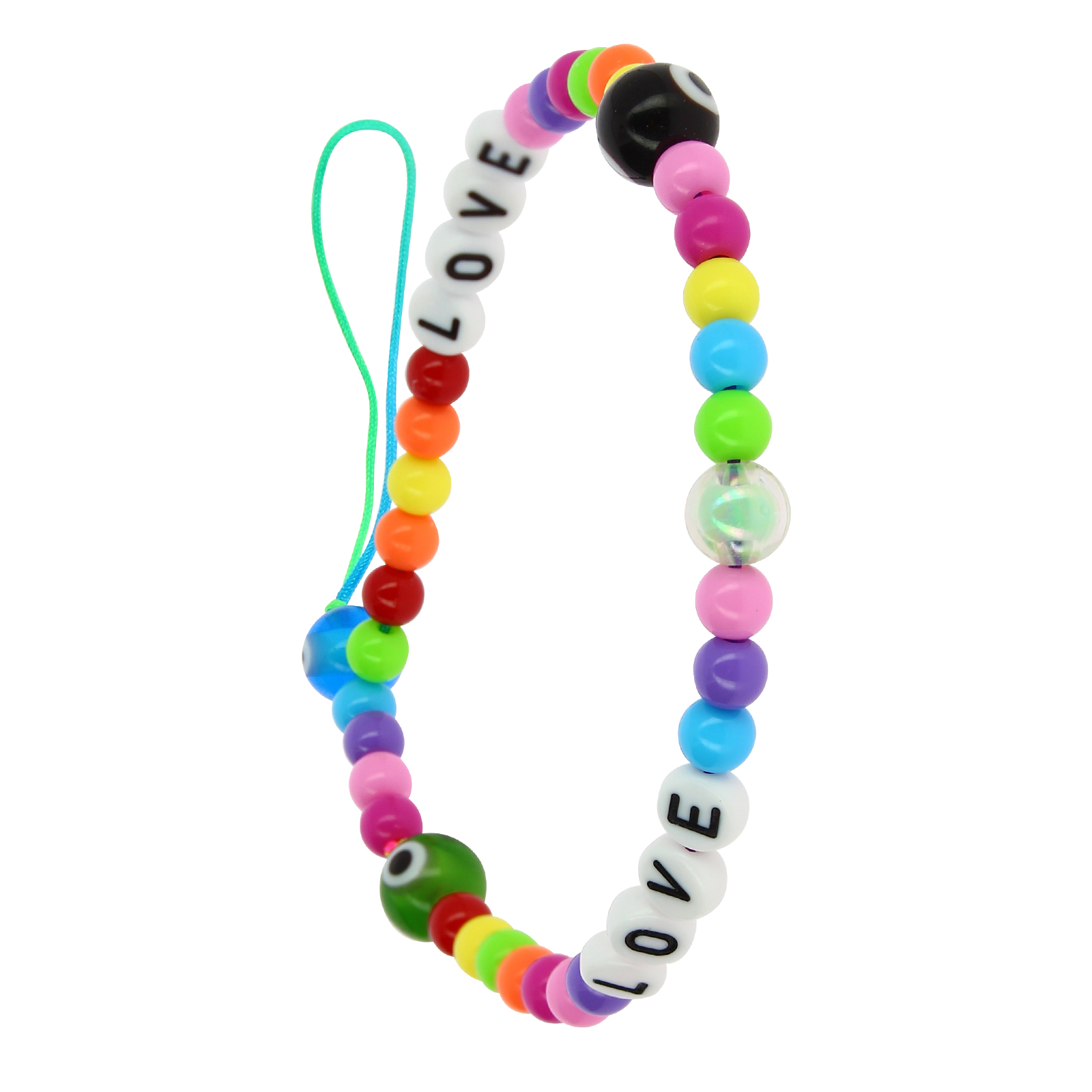 Un braccialetto di perline colorate con testo 'LOVE', perline occhio malvagio e un anello verde.