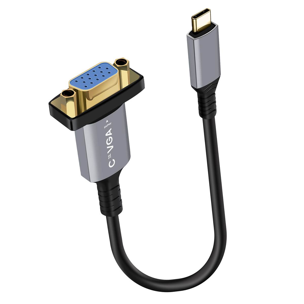 Un cavo adattatore da USB-C a VGA con connettori placcati oro e cavo nero.