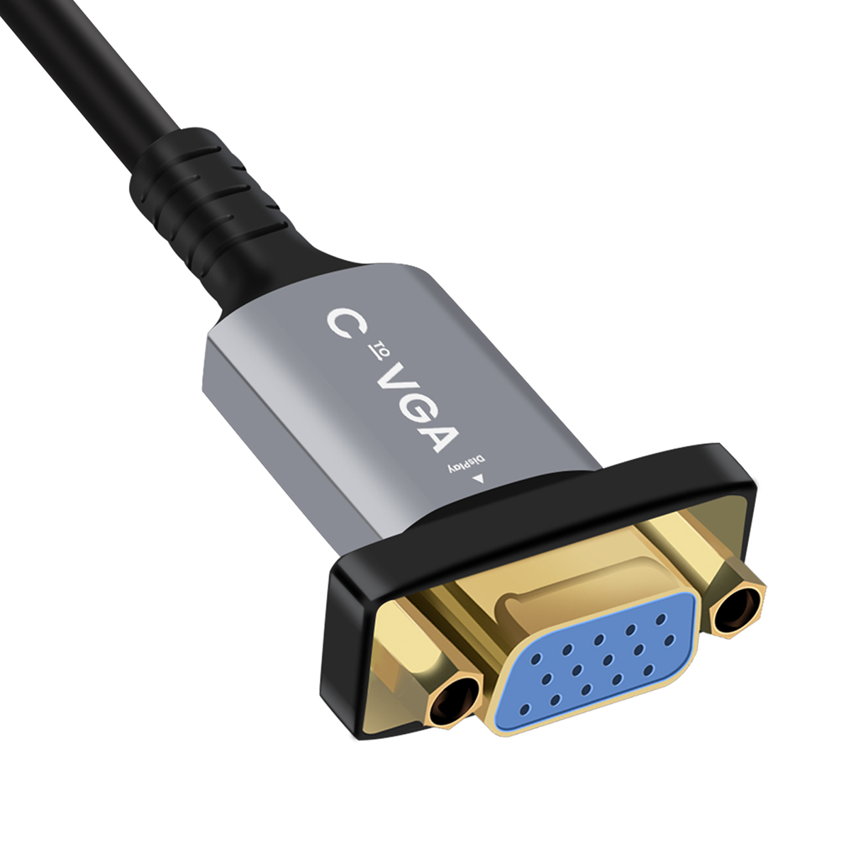 Un cavo adattatore da C a VGA con connettori dorati.