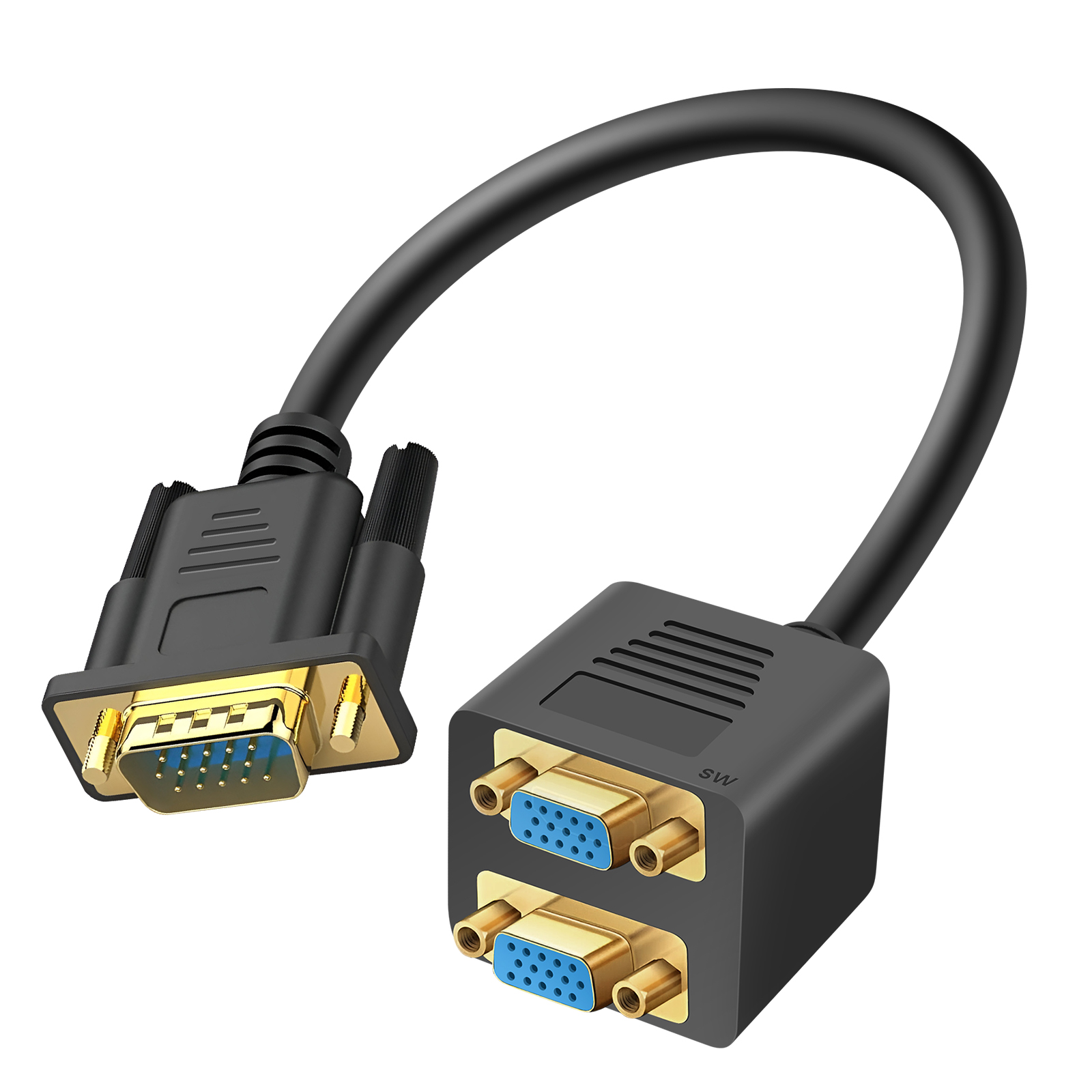 Un cavo VGA nero con un connettore maschio e uno splitter con due porte femmina.