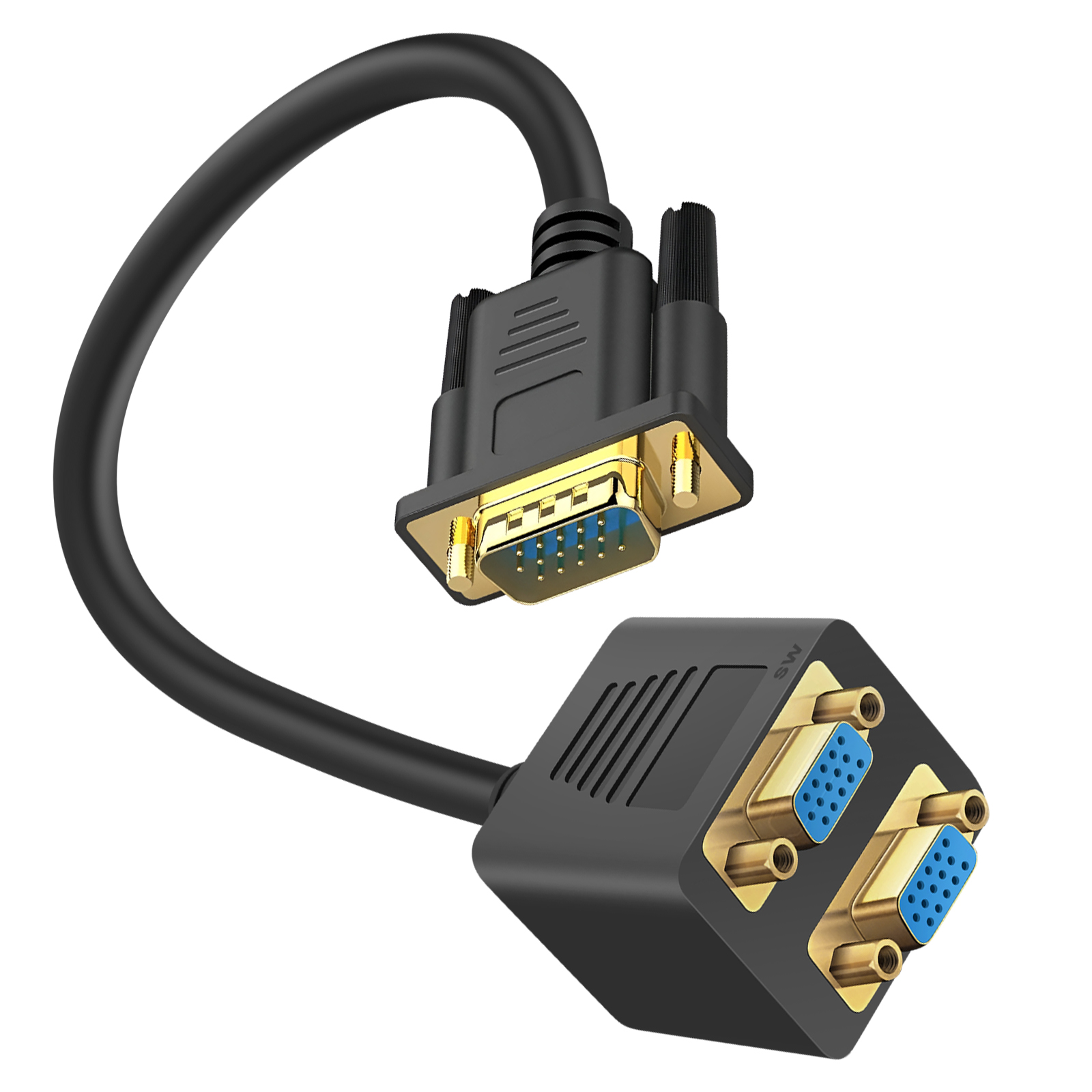 Cavo splitter VGA nero con un connettore maschio e due femmina su sfondo bianco.