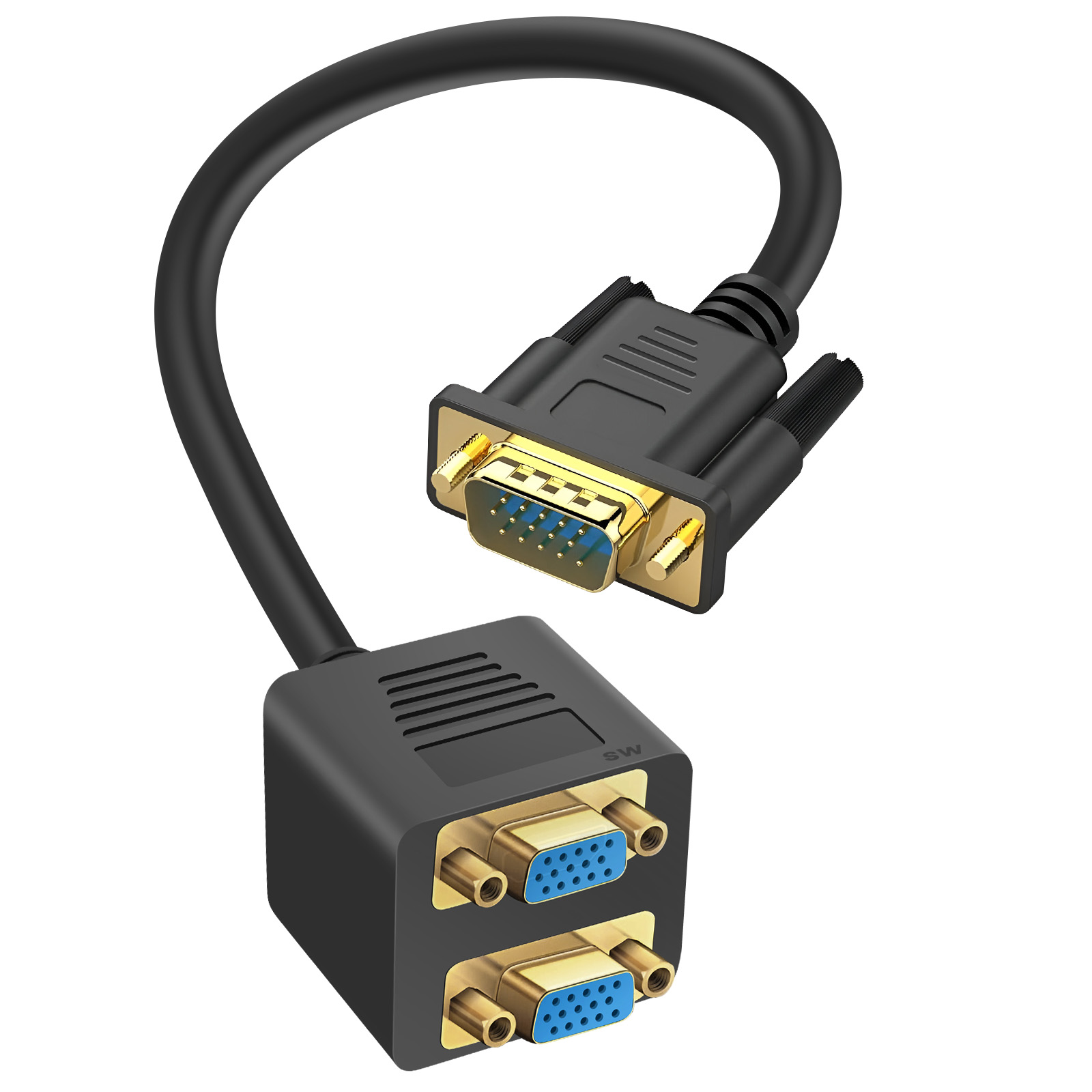 Cavo splitter VGA nero con un connettore maschio e due femmina, pin placcati oro.
