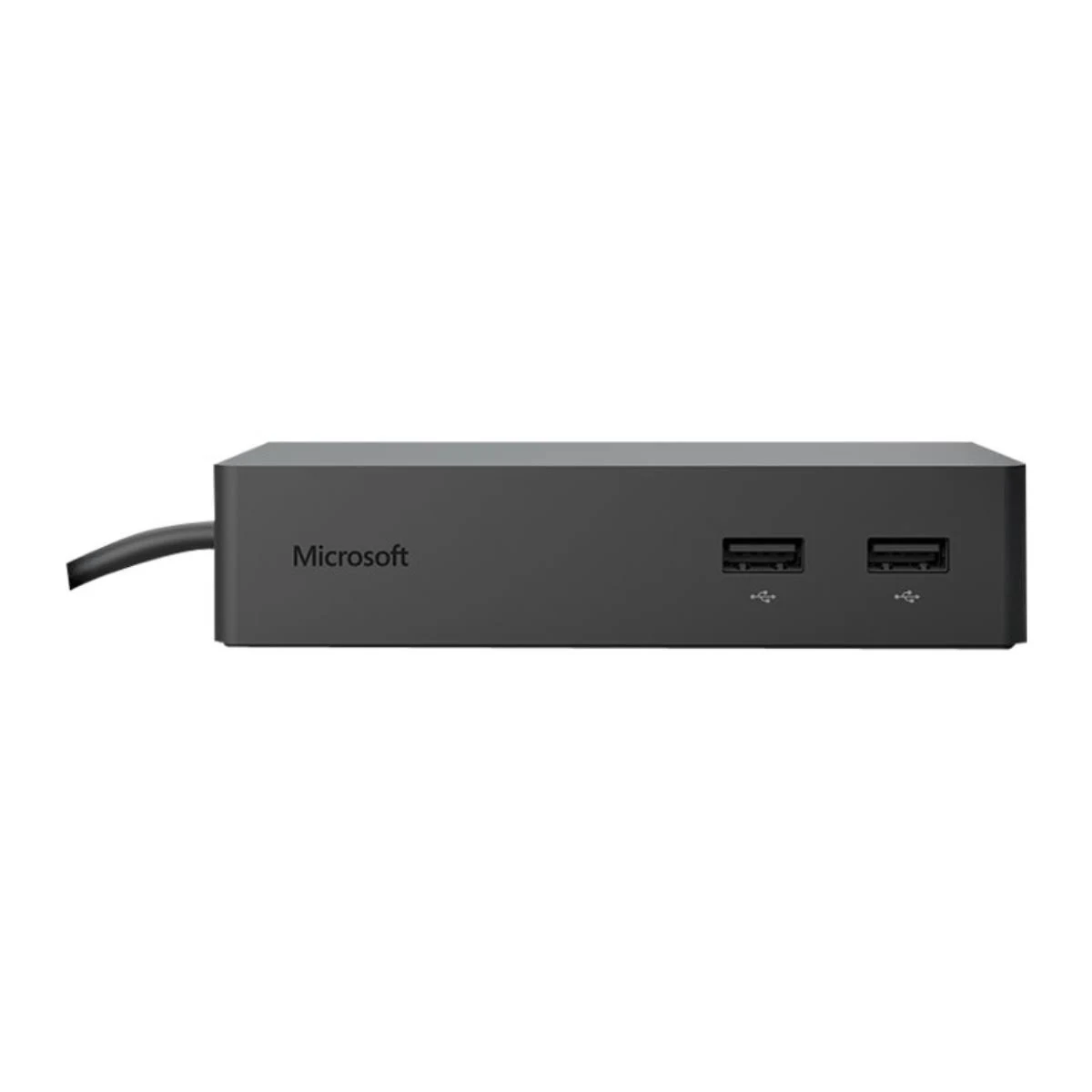 Eine schwarze Microsoft Dockingstation mit zwei USB-Anschlüssen und Kabel.