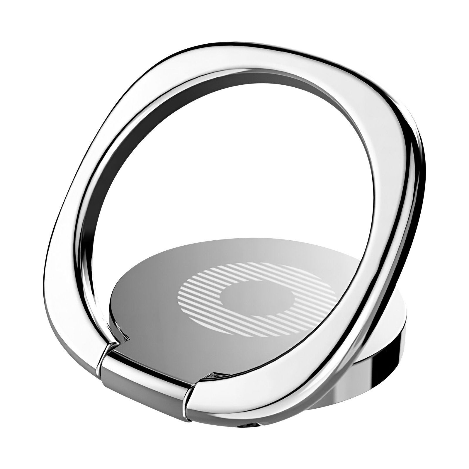 Ein silberner Handy-Ringhalter mit einer runden Basis und einem schwenkbaren Ring.