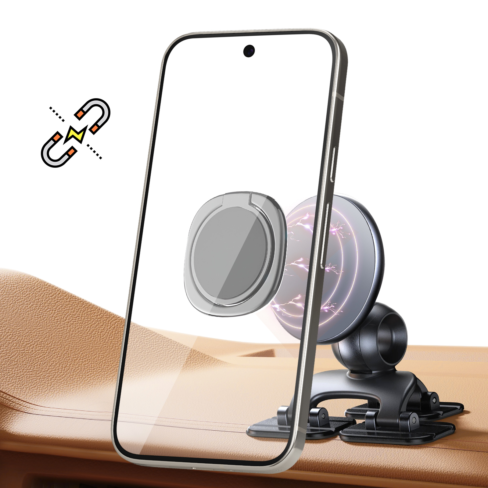 Ein Telefon mit magnetischem Ringhalter und Autohalterung auf texturierter Oberfläche.