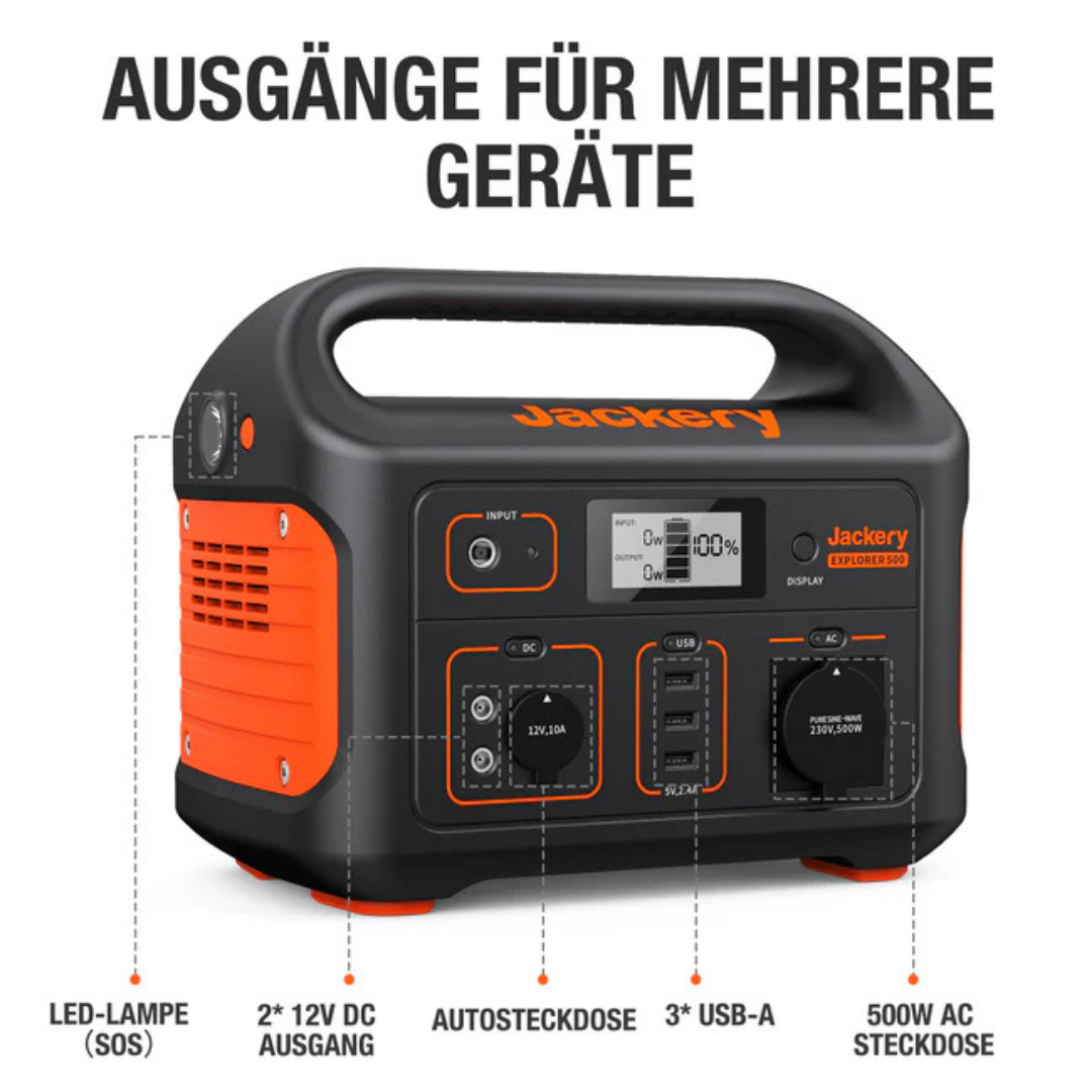 Ein schwarzer und oranger Jackery Explorer 500 mit vielen Anschlüssen.