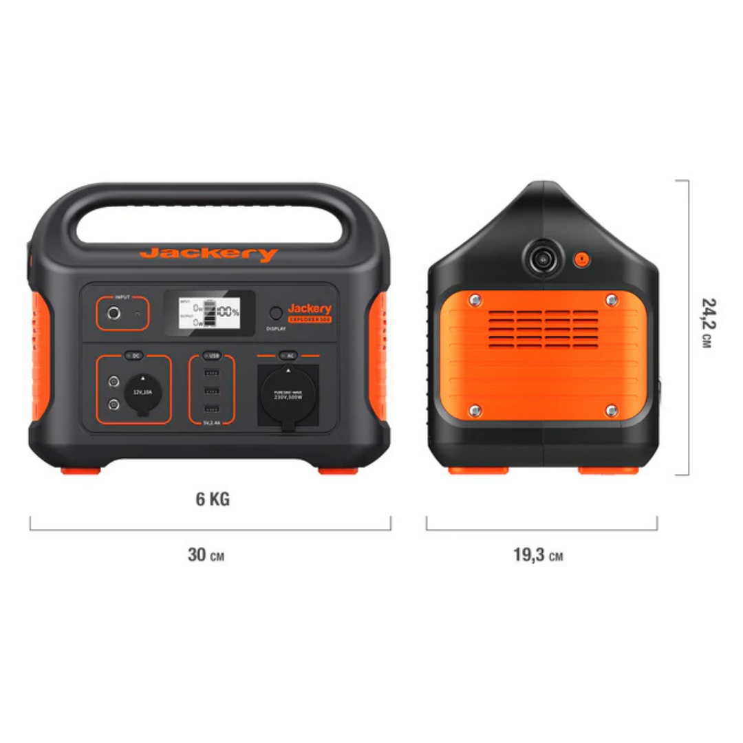 Ein schwarzes und oranges Jackery Explorer 500 Kraftwerk mit Maßen und Gewicht.