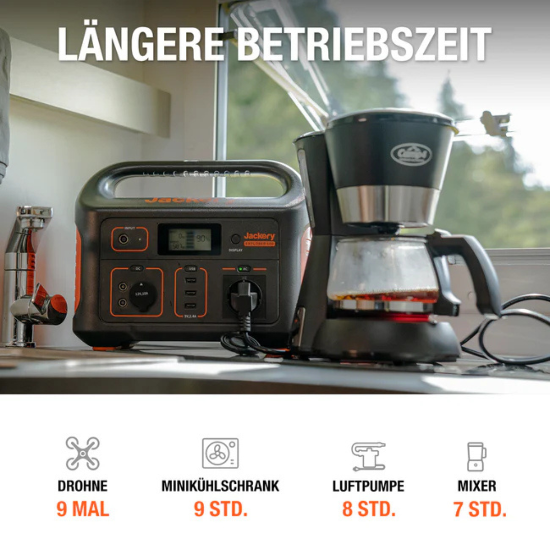 Ein tragbares Kraftwerk und eine Kaffeemaschine auf einer Arbeitsplatte. Text: 'Längere Betriebszeit'.