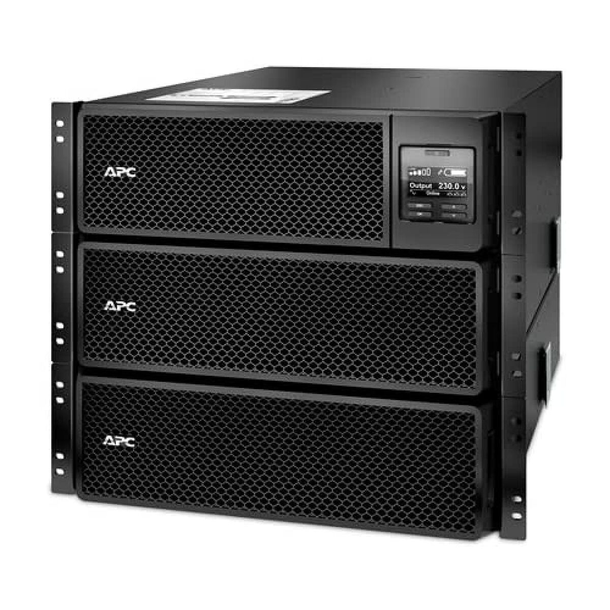 Unità UPS APC nera con tre moduli ventilati e schermo digitale.
