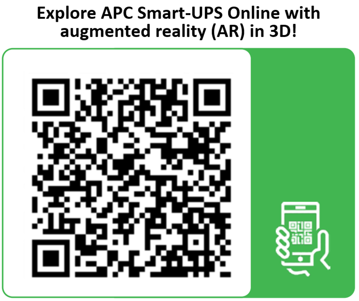 QR code e icona del telefono con testo: Esplora APC Smart-UPS Online con AR in 3D!