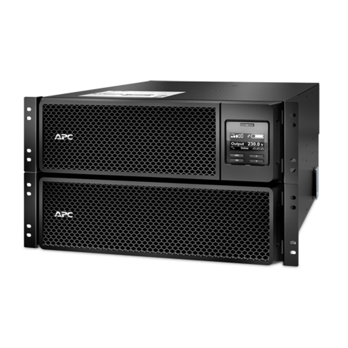 Un gruppo di continuità APC nero da rack con display digitale.