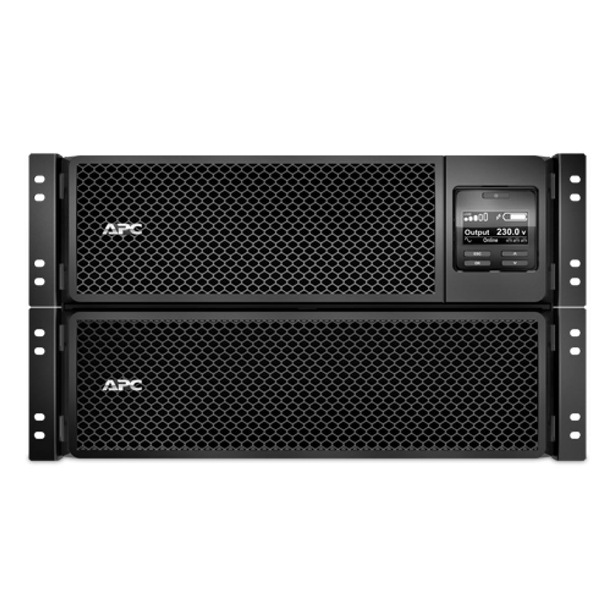 Due unità APC nere da rack impilate. L'unità superiore ha un display digitale e pulsanti.