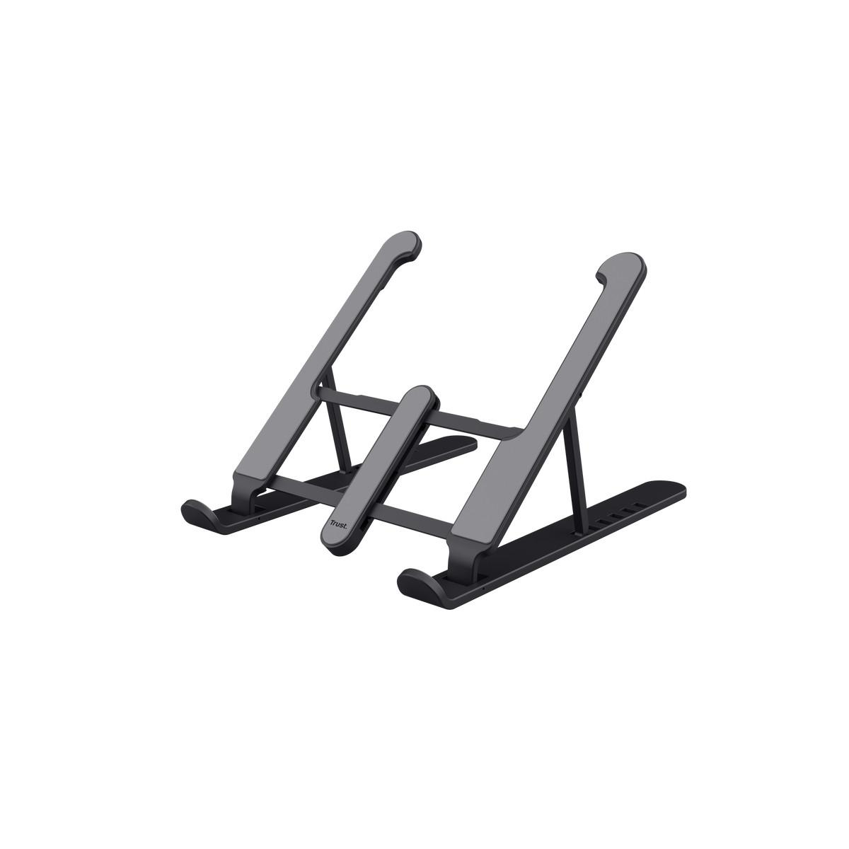 Un supporto per laptop grigio con bracci regolabili e una base.