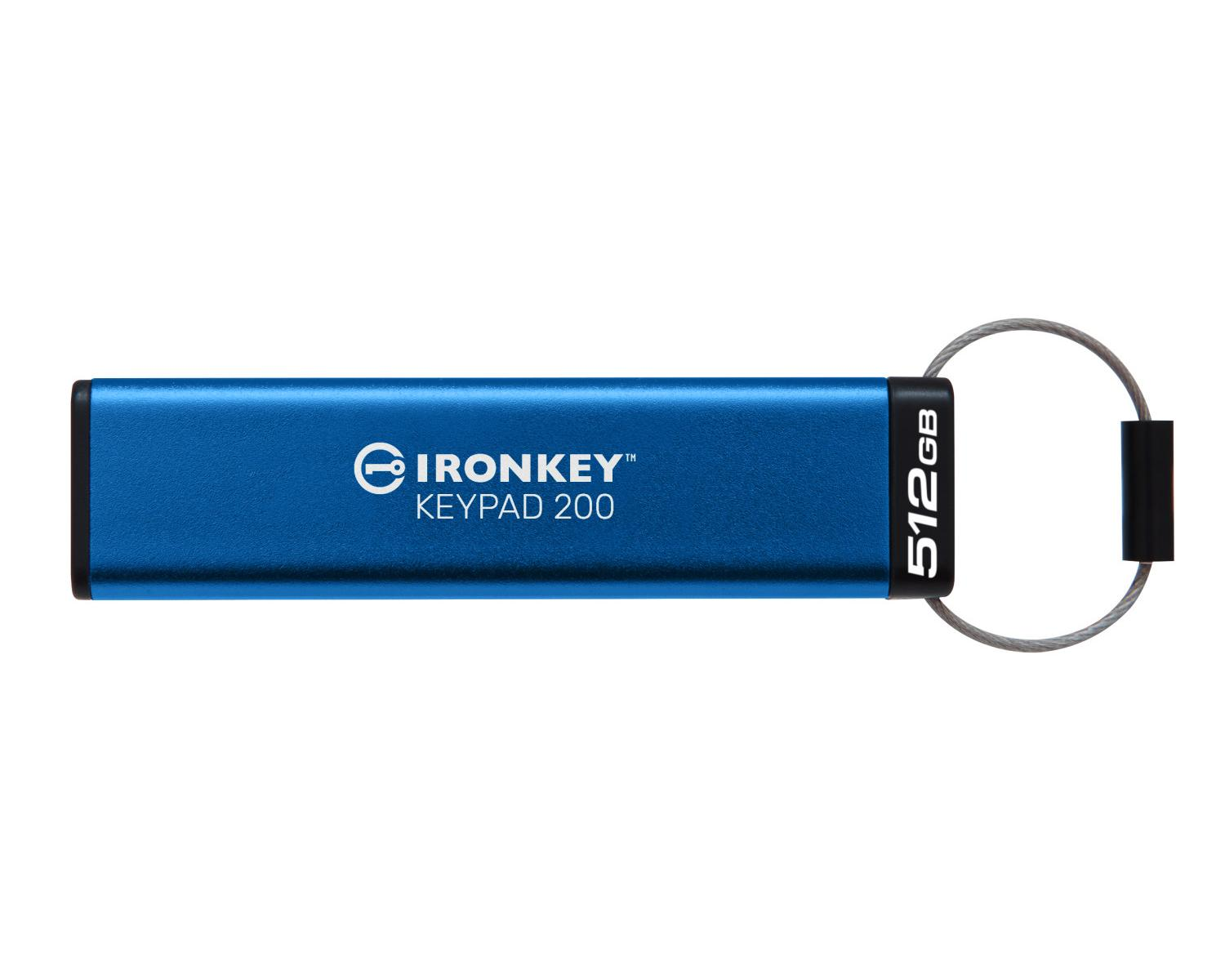 Ein blaues Ironkey Keypad 200 USB-Laufwerk mit 512 GB Kapazität und einer Metallschlaufe.