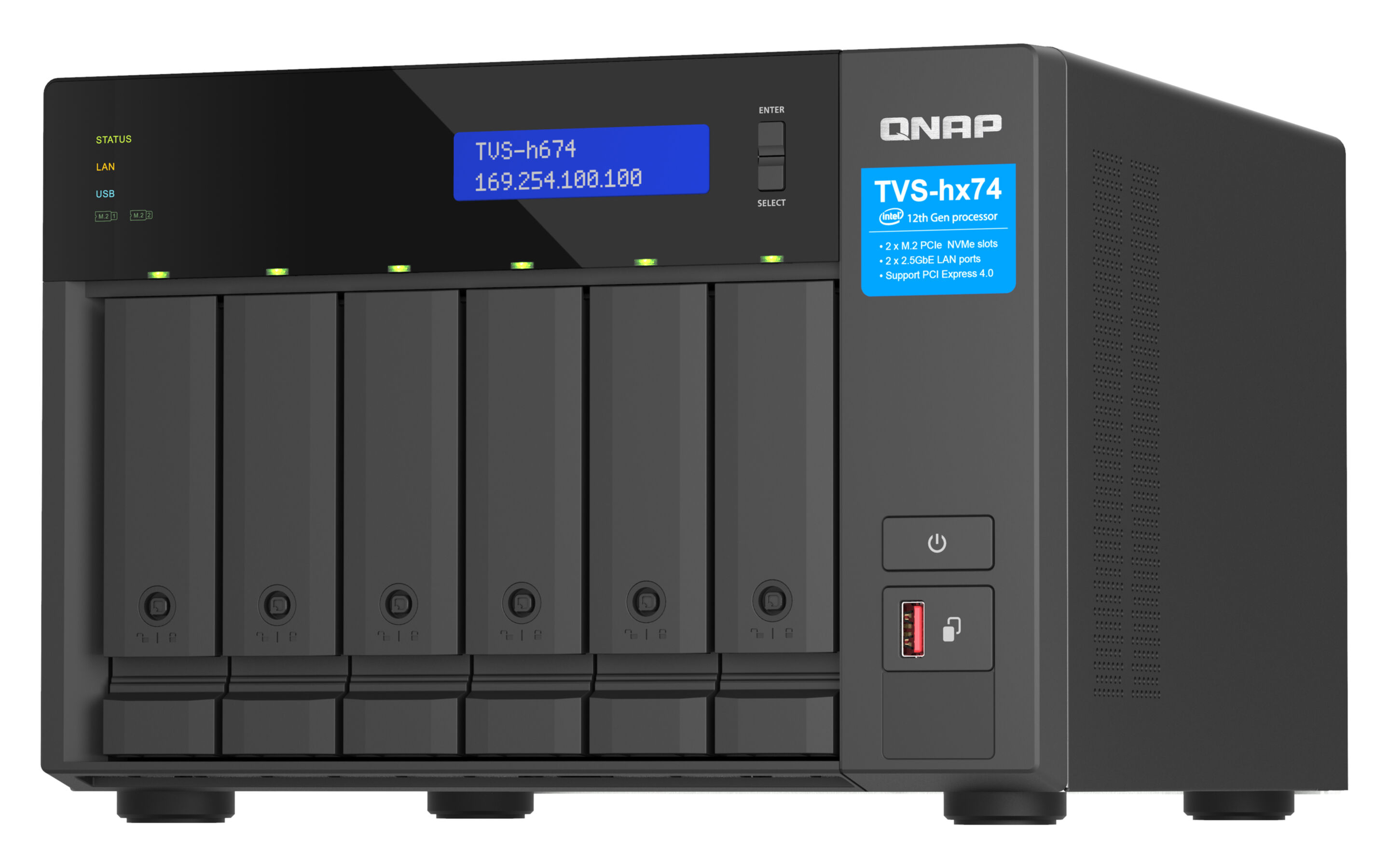 NAS QNAP TVS-hx74 con 6 bay, schermo LCD blu e porta USB frontale.