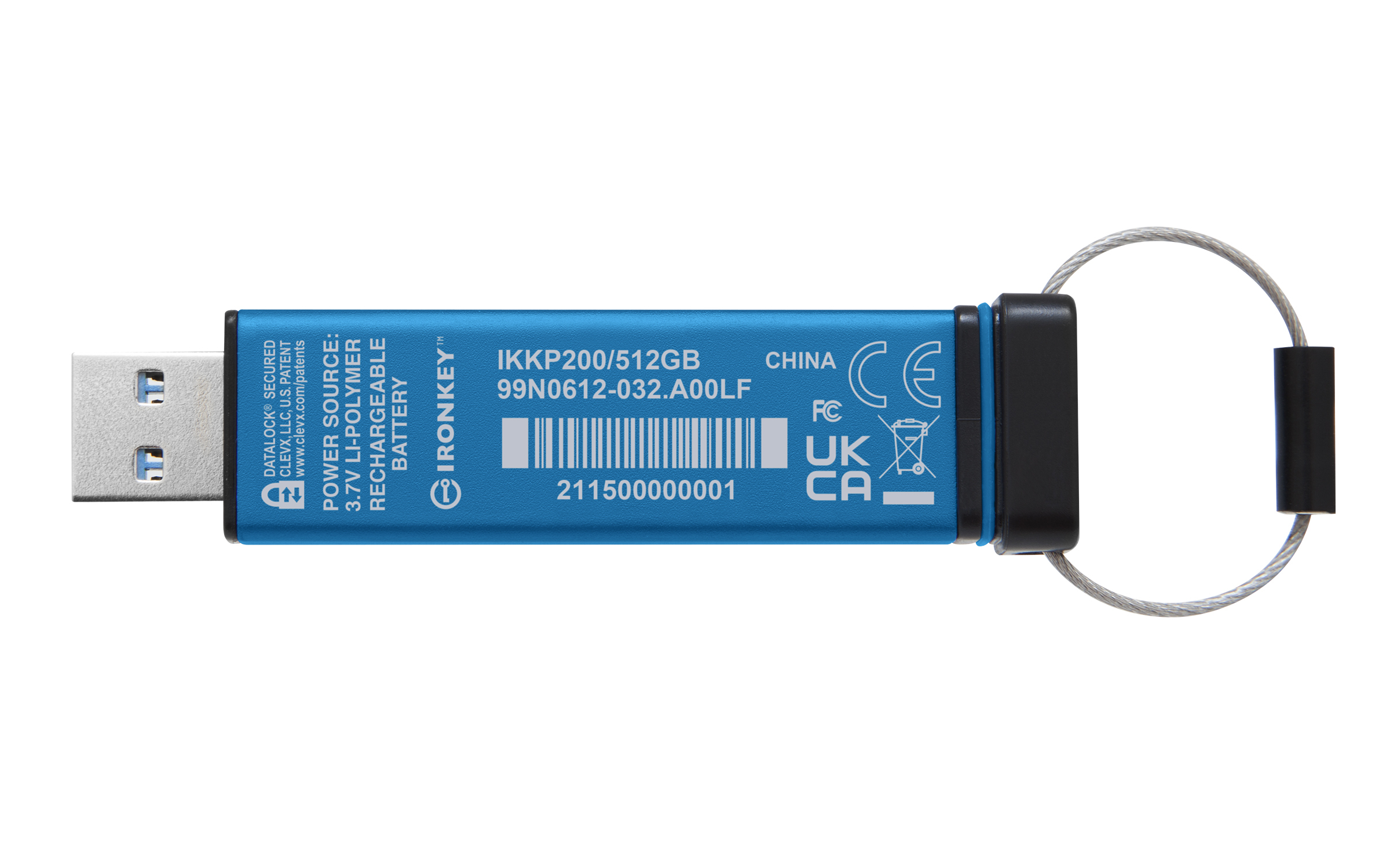 Blauer USB-Stick mit silberner Kabelschlaufe. Modell IKKP200/512GB.