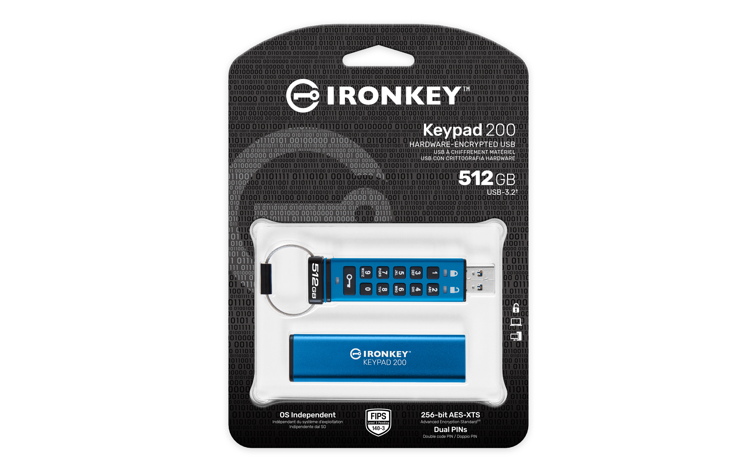 Verpackung eines blauen IronKey Keypad 200 USB-Sticks mit Zifferntastatur.