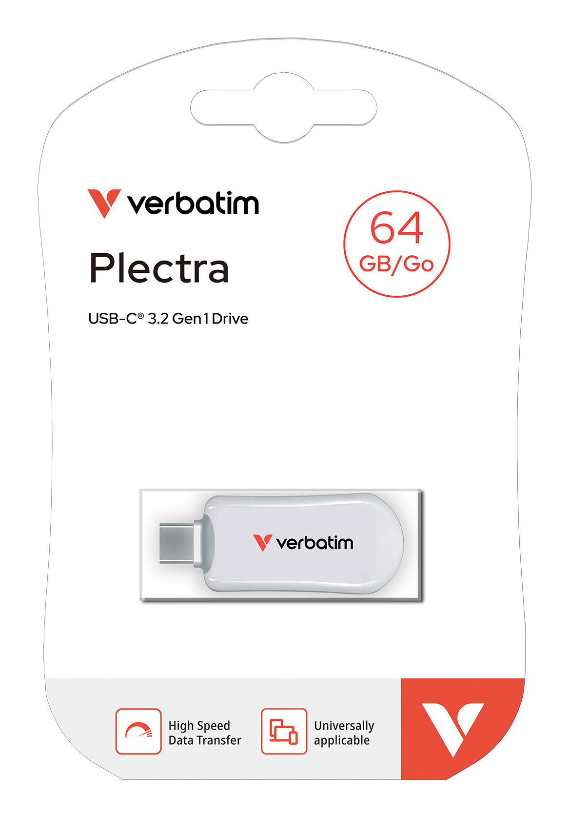 Verbatim Plectra USB-C 3.2 Gen 1 Drive, 64GB, biały pendrive na opakowaniu.
