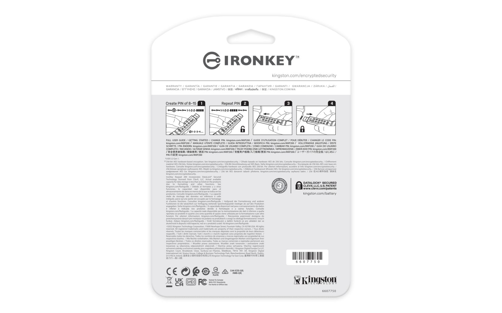 IronKey-Verpackung mit Anleitung zum Erstellen und Wiederholen einer PIN für ein USB-Laufwerk.