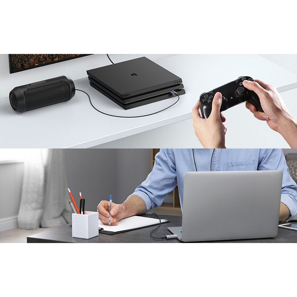 Czarna konsola PS4 z kontrolerem i głośnikiem, oraz osoba pracująca przy laptopie.