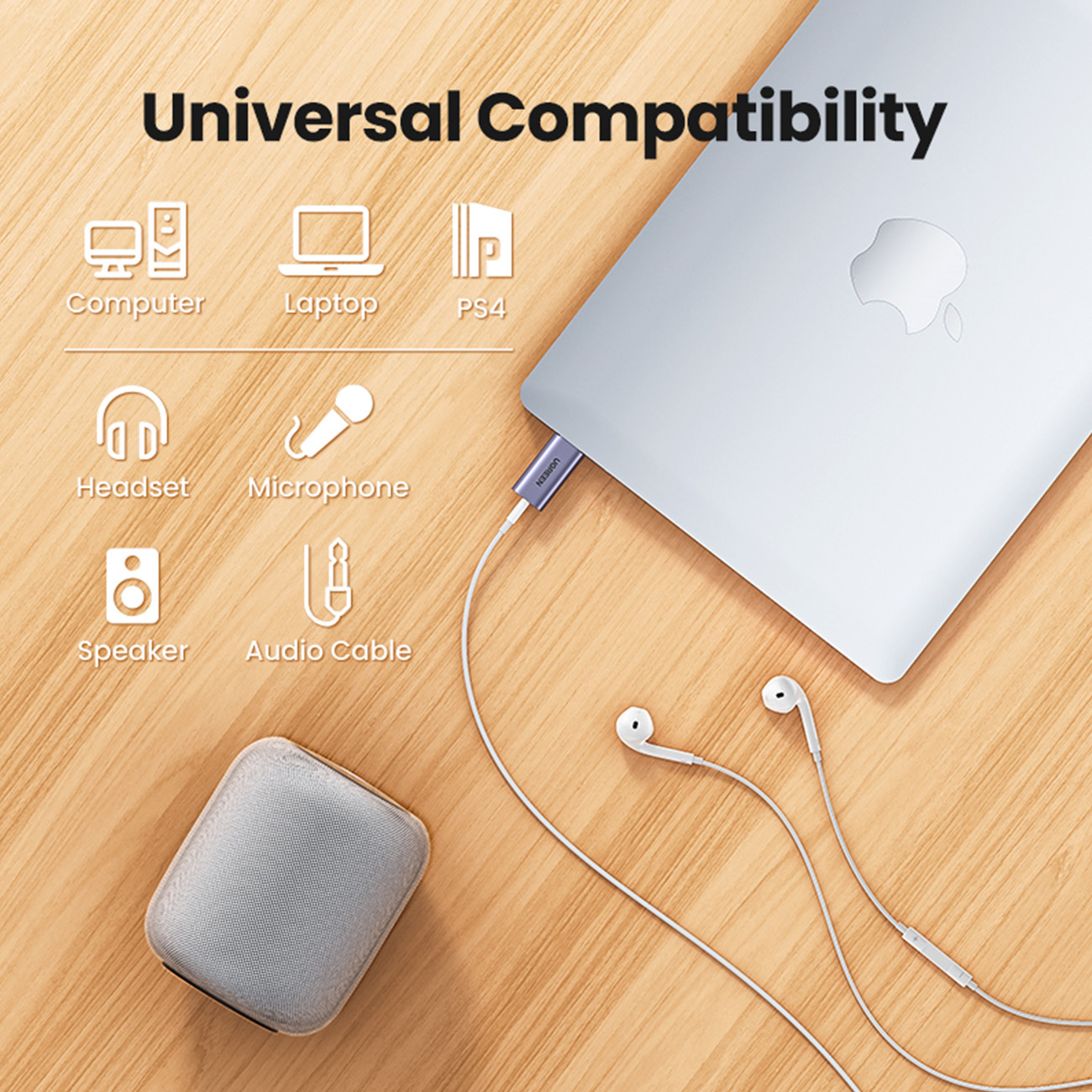 Adapter łączy słuchawki z laptopem. Ikony pokazują kompatybilność z urządzeniami.