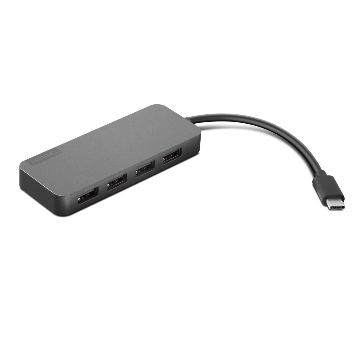 Een grijze Lenovo USB-C hub met vier USB-A poorten en een USB-C kabel.