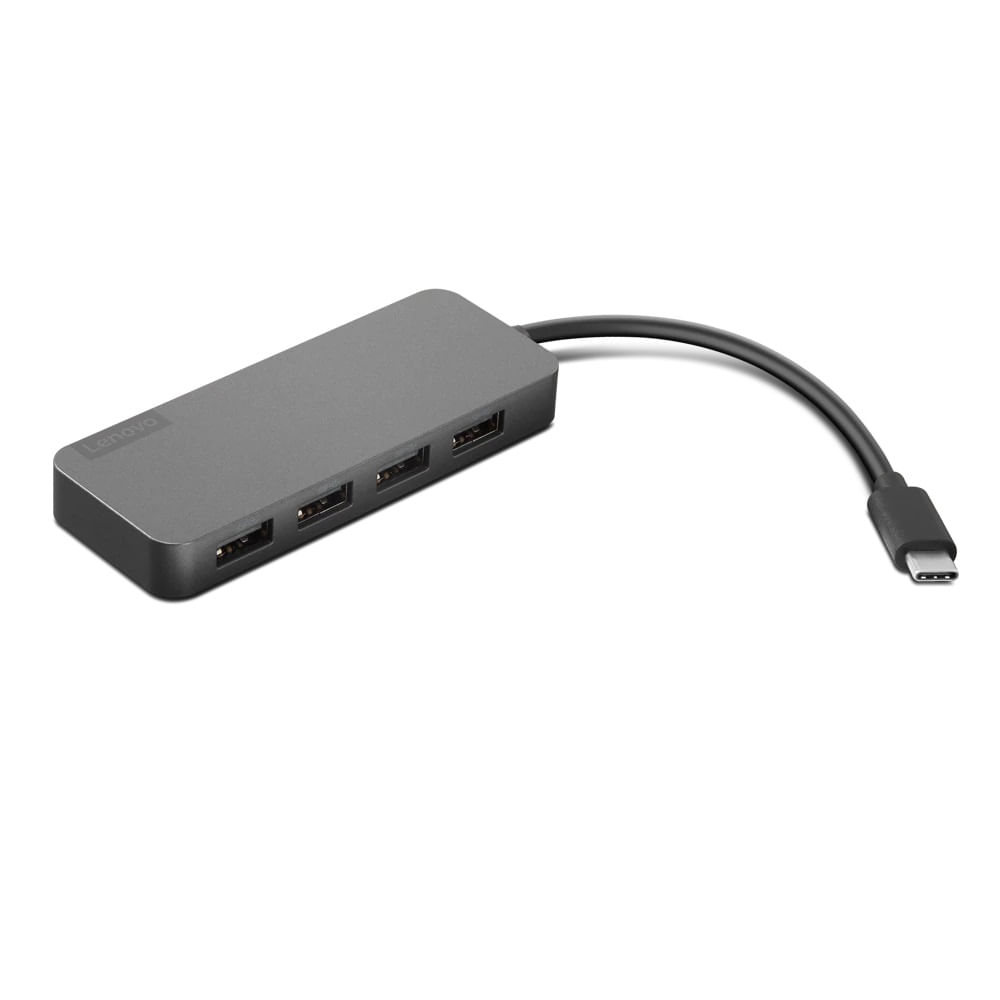 Een grijze Lenovo USB-C hub met vier USB-poorten en een USB-C-kabel.